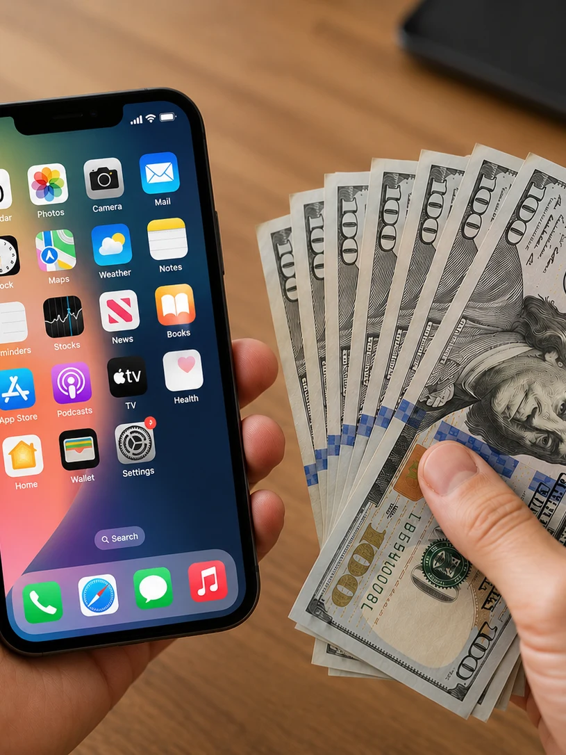 A hand holding an iPhone next to another hand holding cash — a phone buyback exchange on a warm wood desk